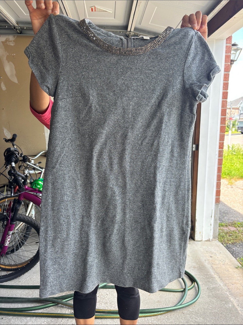 LOFT Gray Short-Sleeve Knit Tunic with Beaded Neckline